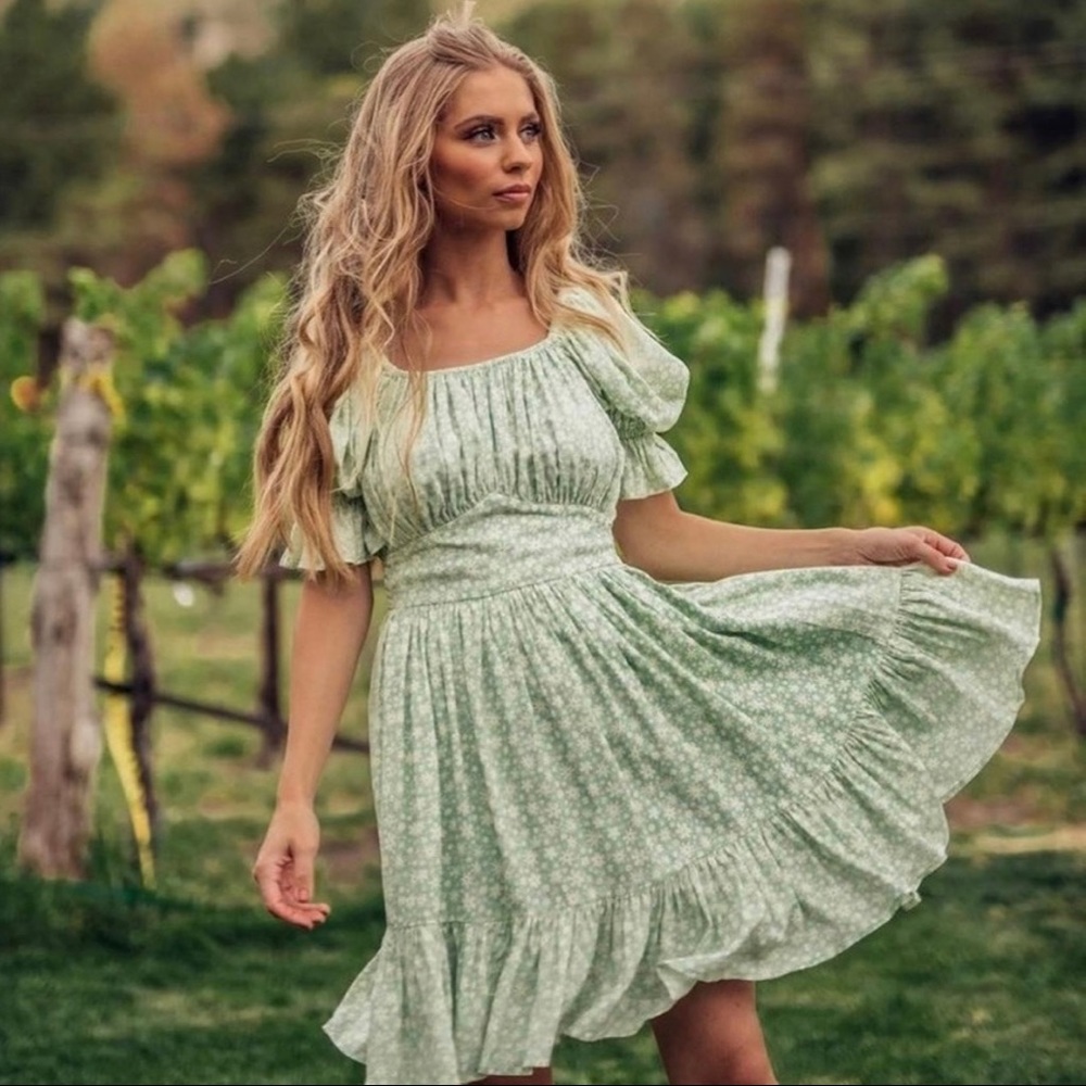 JessaKae Ditsy Floral Flounce Sleeve Mint Green Dress